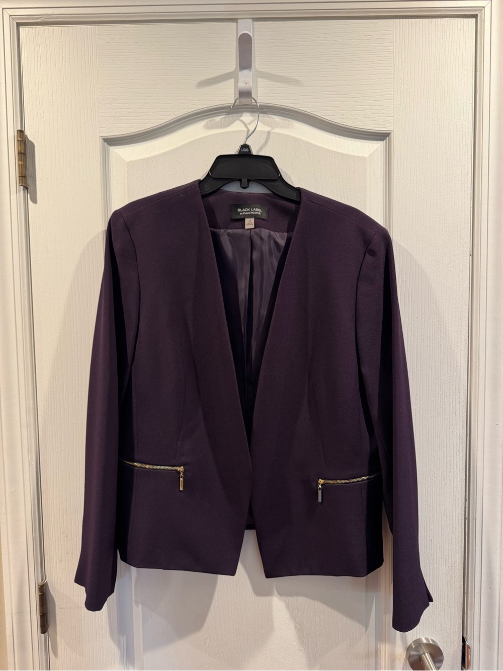 Evan Picone Black Label Deep Purple Open-Front Blazer with Gold Zippers 16